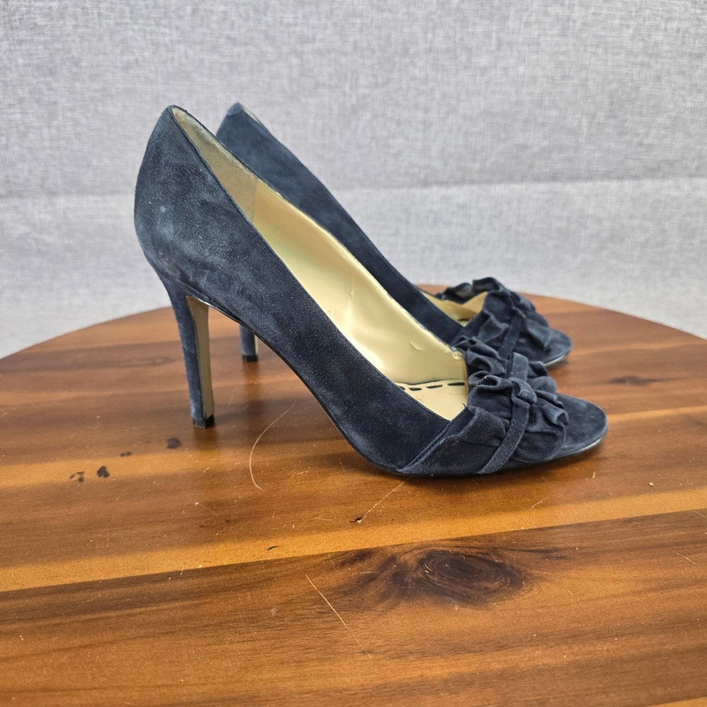 Enzo Angiolini Navy Blue Suede Ruffle Peep Toe Stiletto Pumps Womens 8.5M
